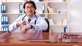  Presentation with working in a clinic - Presentation theme enhanced with coffee laboratory - young handsome doctor working background and a  colored foreground