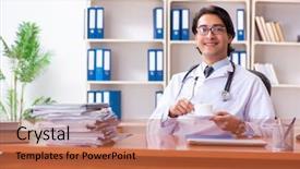  Presentation with working in a clinic - Beautiful PPT theme featuring coffee laboratory - young handsome doctor working backdrop and a  colored foreground