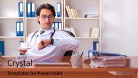  Presentation with working in a clinic - Colorful presentation design enhanced with coffee laboratory - young handsome doctor working backdrop and a  colored foreground