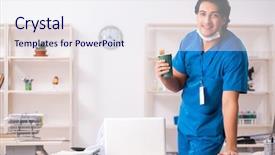  Presentation with clinic - Theme having coffee laboratory - young handsome doctor working background and a  colored foreground
