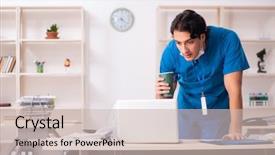  Presentation with working in a clinic - Slide deck enhanced with coffee laboratory - young handsome doctor working background and a soft green colored foreground