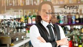  Presentation with liquor - Colorful slide deck enhanced with coffee liquor - young barista or barman standing backdrop and a coral colored foreground