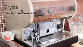  Presentation with machine - Beautiful presentation theme featuring coffee-machine-in-the-bar backdrop and a soft green colored foreground
