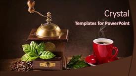  Presentation with green coffee beans - Slides having coffee mill with beans and green leaves and a cup of coffee background and a wine colored foreground