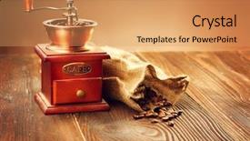  Presentation with sack of coffee beans - Audience pleasing theme consisting of coffee mill with burlap sack backdrop and a coral colored foreground