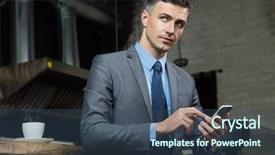  Presentation with smartphone - Slide deck featuring coffee mobile - handsome businessman holding smartphone background and a ocean colored foreground