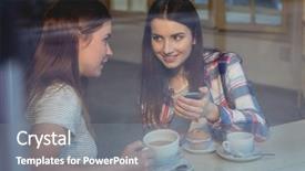  Presentation with female empowerment - Beautiful slide deck featuring coffee mobile - happy young female friends using backdrop and a gray colored foreground