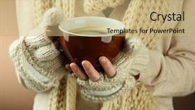  Presentation with color - Cool new PPT theme with coffee mugs chrismas - female hands with hit drink backdrop and a coral colored foreground