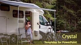  Presentation with caravan - Slide deck featuring coffee near the camper car background and a tawny brown colored foreground