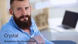  Presentation with 3d man sitting question mark - Audience pleasing slide deck consisting of coffee pots - young man sitting with laptop backdrop and a  colored foreground