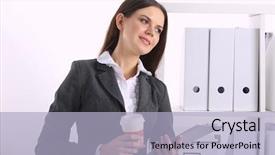  Presentation with desk - Cool new slide deck with coffee principal - attractive businesswoman standing near desk backdrop and a  colored foreground