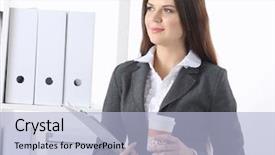  Presentation with principal - Slides with coffee principal - attractive businesswoman standing near desk background and a  colored foreground
