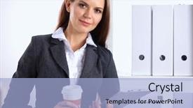  Presentation with principal - Colorful presentation design enhanced with coffee principal - attractive businesswoman standing near desk backdrop and a light blue colored foreground