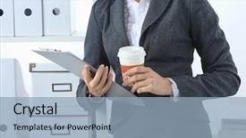  Presentation with principal - PPT theme with coffee principal - attractive businesswoman standing near desk background and a  colored foreground