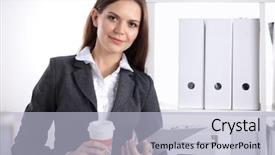  Presentation with sit stand desk - Cool new theme with coffee principal - attractive businesswoman standing near desk backdrop and a  colored foreground