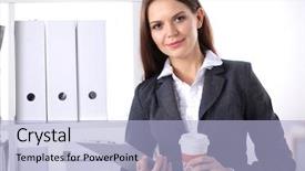  Presentation with sit stand desk - Slide set with coffee principal - attractive businesswoman standing near desk background and a  colored foreground