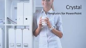  Presentation with office desk reception - Audience pleasing PPT layouts consisting of coffee principal - attractive young businesswoman standing near backdrop and a  colored foreground