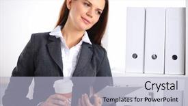  Presentation with near furnace creek in death - Amazing slide deck having coffee principal - attractive young businesswoman standing near backdrop and a  colored foreground