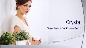  Presentation with desk - Theme enhanced with coffee principal - attractive young businesswoman standing near background and a  colored foreground