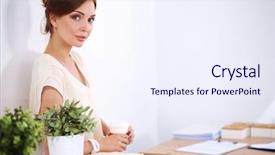  Presentation with office desk reception - Presentation with coffee principal - attractive young businesswoman standing near background and a  colored foreground