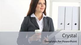  Presentation with principal - Cool new PPT layouts with coffee principal - attractive young businesswoman standing near backdrop and a  colored foreground