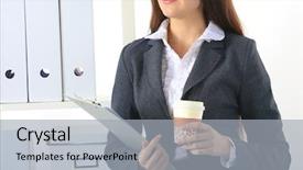  Presentation with flower office desk table - Slide deck featuring coffee principal - attractive young businesswoman standing near background and a  colored foreground