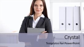  Presentation with desk - PPT theme enhanced with coffee principal - attractive young businesswoman standing near background and a  colored foreground