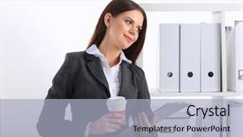  Presentation with desk - Audience pleasing slide deck consisting of coffee principal - attractive young businesswoman standing near backdrop and a  colored foreground