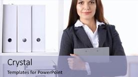  Presentation with principal - Slide set enhanced with coffee principal - attractive young businesswoman standing near background and a  colored foreground