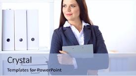  Presentation with desk - Audience pleasing presentation theme consisting of coffee principal - attractive young businesswoman standing near backdrop and a  colored foreground