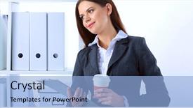  Presentation with desk - Theme having coffee principal - attractive young businesswoman standing near background and a  colored foreground