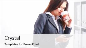  Presentation with desk - Beautiful theme featuring coffee principal - attractive young businesswoman standing near backdrop and a  colored foreground