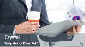  Presentation with melting earth near space - Beautiful slides featuring coffee principal - attractive young businesswoman standing near backdrop and a  colored foreground