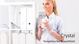  Presentation with principal - Amazing PPT layouts having coffee principal - attractive young businesswoman standing near backdrop and a  colored foreground