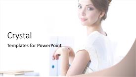  Presentation with flower office desk table - PPT theme with coffee principal - attractive young businesswoman standing near background and a  colored foreground