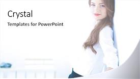  Presentation with desk - Beautiful slides featuring coffee principal - attractive young businesswoman standing near backdrop and a  colored foreground