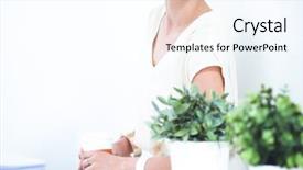  Presentation with principal - Audience pleasing PPT layouts consisting of coffee principal - attractive young businesswoman standing near backdrop and a  colored foreground