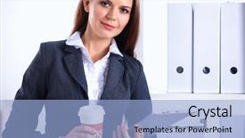  Presentation with principal - Presentation design featuring coffee principal - attractive young businesswoman standing near background and a light blue colored foreground