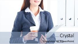  Presentation with principal - Cool new PPT theme with coffee principal - attractive young businesswoman standing near backdrop and a  colored foreground