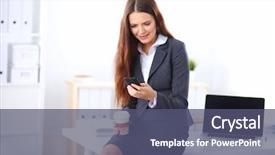  Presentation with smartphone - Slide deck enhanced with coffee principal - smiling businesswoman holding disposable cup background and a ocean colored foreground