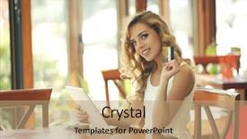  Presentation with credit card icon - Presentation theme having coffee shop ladies - beautiful young woman with digital background and a coral colored foreground