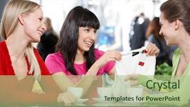  Presentation with women and babies - Presentation design featuring coffee shop ladies - three young women sitting background and a mint green colored foreground