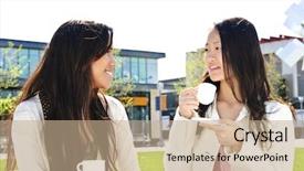  Presentation with outdoor mall - Slides enhanced with coffee shop ladies - two girl friends sitting background and a coral colored foreground