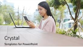  Presentation with cyber stalking computer laptop suffering - Audience pleasing theme consisting of coffee shop ladies - woman working on laptop computer backdrop and a light gray colored foreground