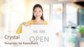  Presentation with trophy award hand holding - Cool new slide deck with coffee shop ladies - young asian woman hand holding backdrop and a cream colored foreground