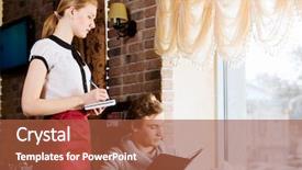  Presentation with order - Colorful slide set enhanced with coffee shop ladies - young attractive woman making order backdrop and a red colored foreground