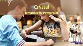  Presentation with bag - PPT theme featuring coffee shop ladies - young lady checking her shopping background and a tawny brown colored foreground