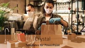  Presentation with face masks - Amazing PPT layouts having coffee-shop-owners-with-face backdrop and a red colored foreground