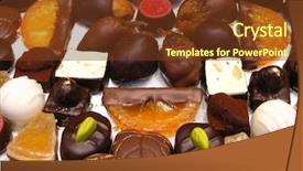  Presentation with evolution of chocolates - PPT theme featuring coffee sweet shop - various chocolates background and a  colored foreground