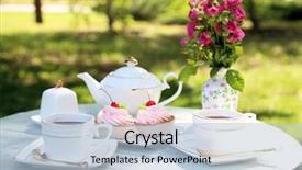  Presentation with confectionery tasty cake pops - Colorful slide deck enhanced with coffee table with teacups backdrop and a light blue colored foreground
